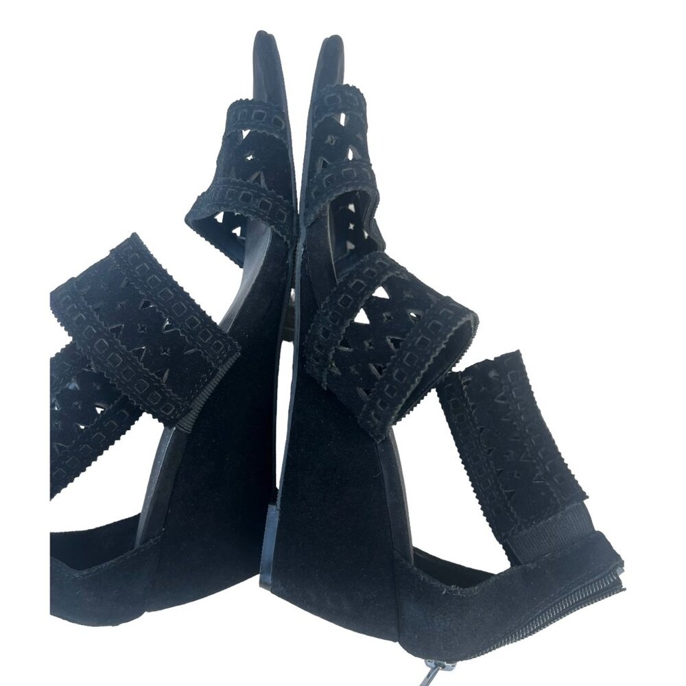 Reba Women’s Size 7 Baby Suede Open Toe Wedge Heels cut outs Leather Black - Picture 5 of 11